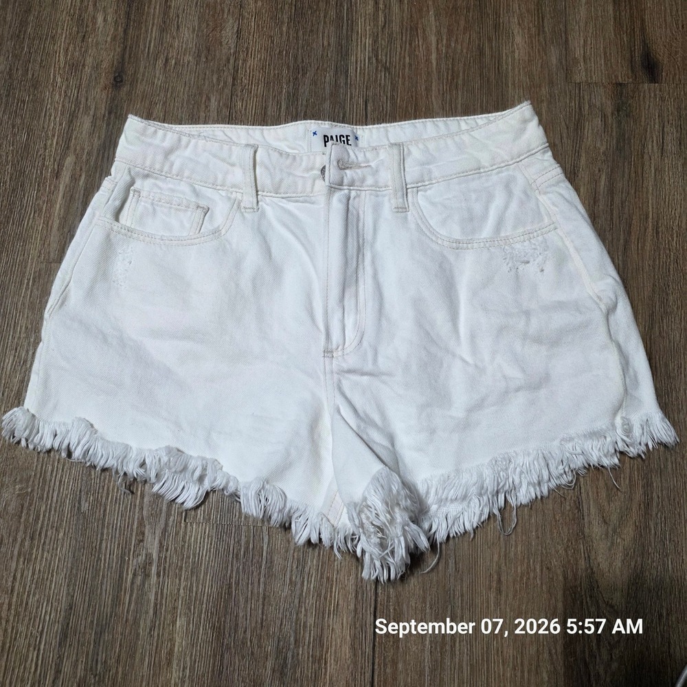 PAIGE White Denim High Rise Frayed Raw Hem Jean Shorts Size 27